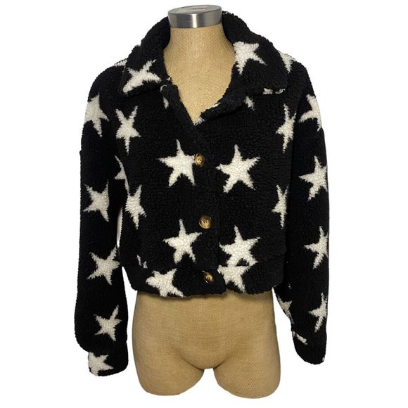 Altar'd State Black/White Star print Sherpa Crop Jacket button front large - Picture 1 of 6